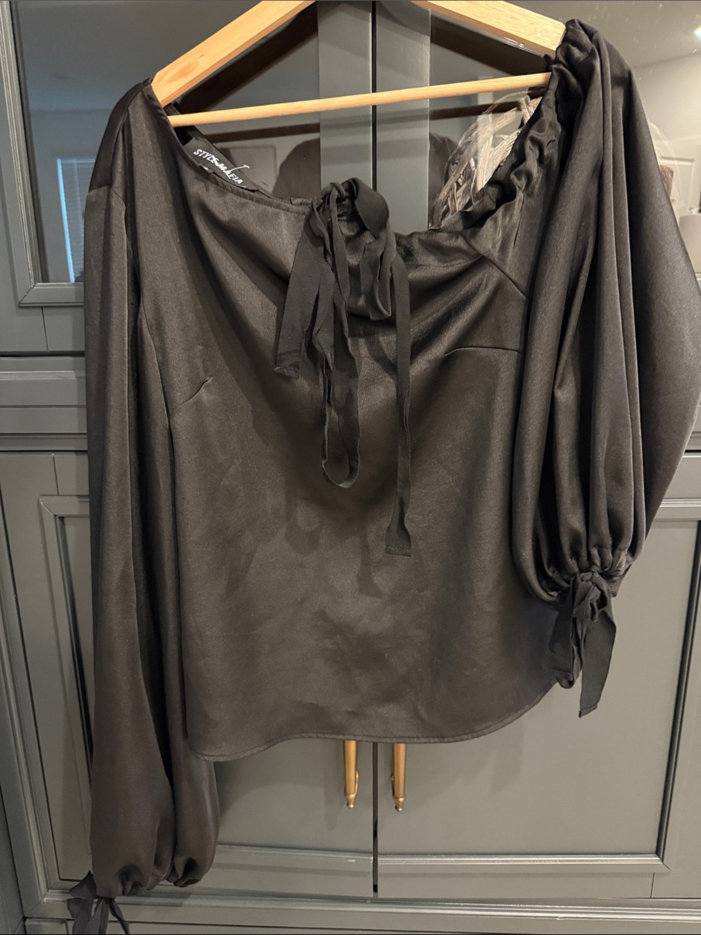 Style Mafia Black Satin Tie-Front Balloon Sleeve Blouse
